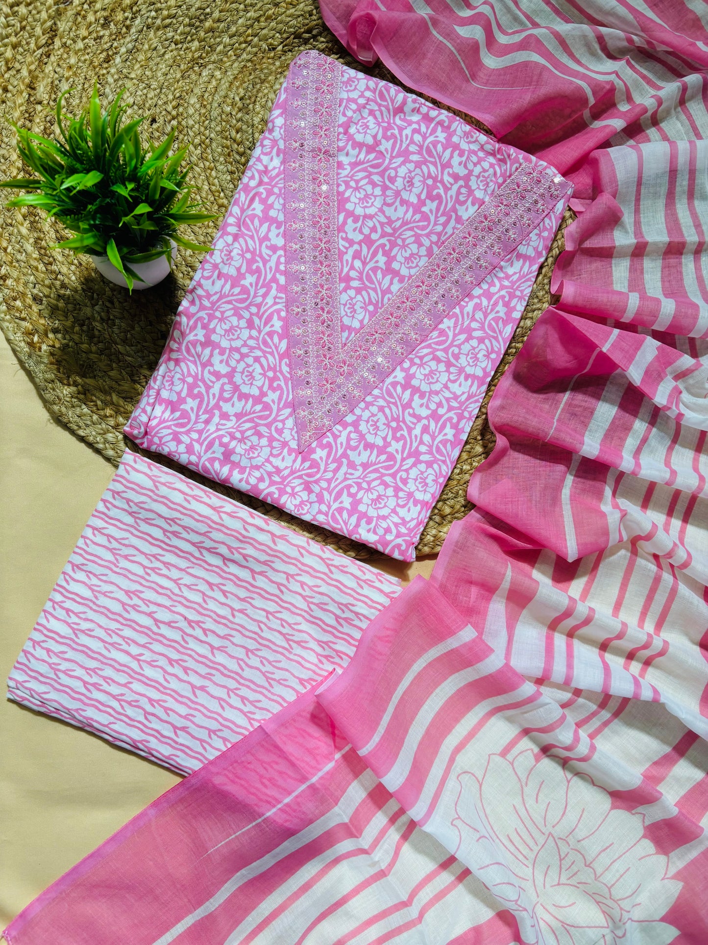 V Neck Baby Pink Pure Cotton suit