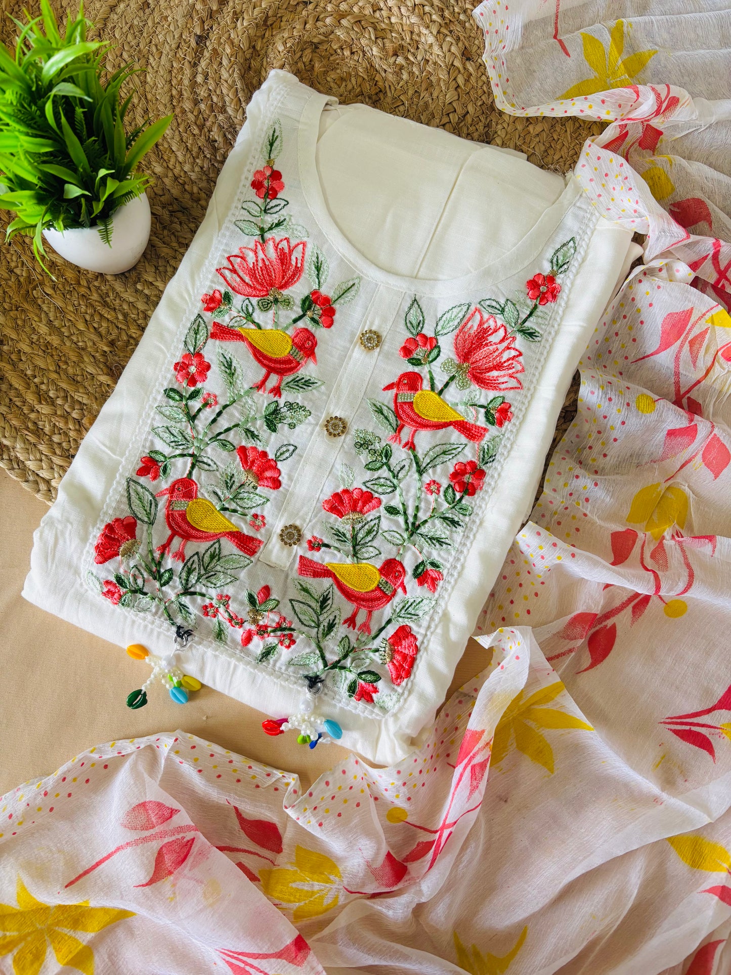Bird Embroidered Rayon Cotton Suit Set