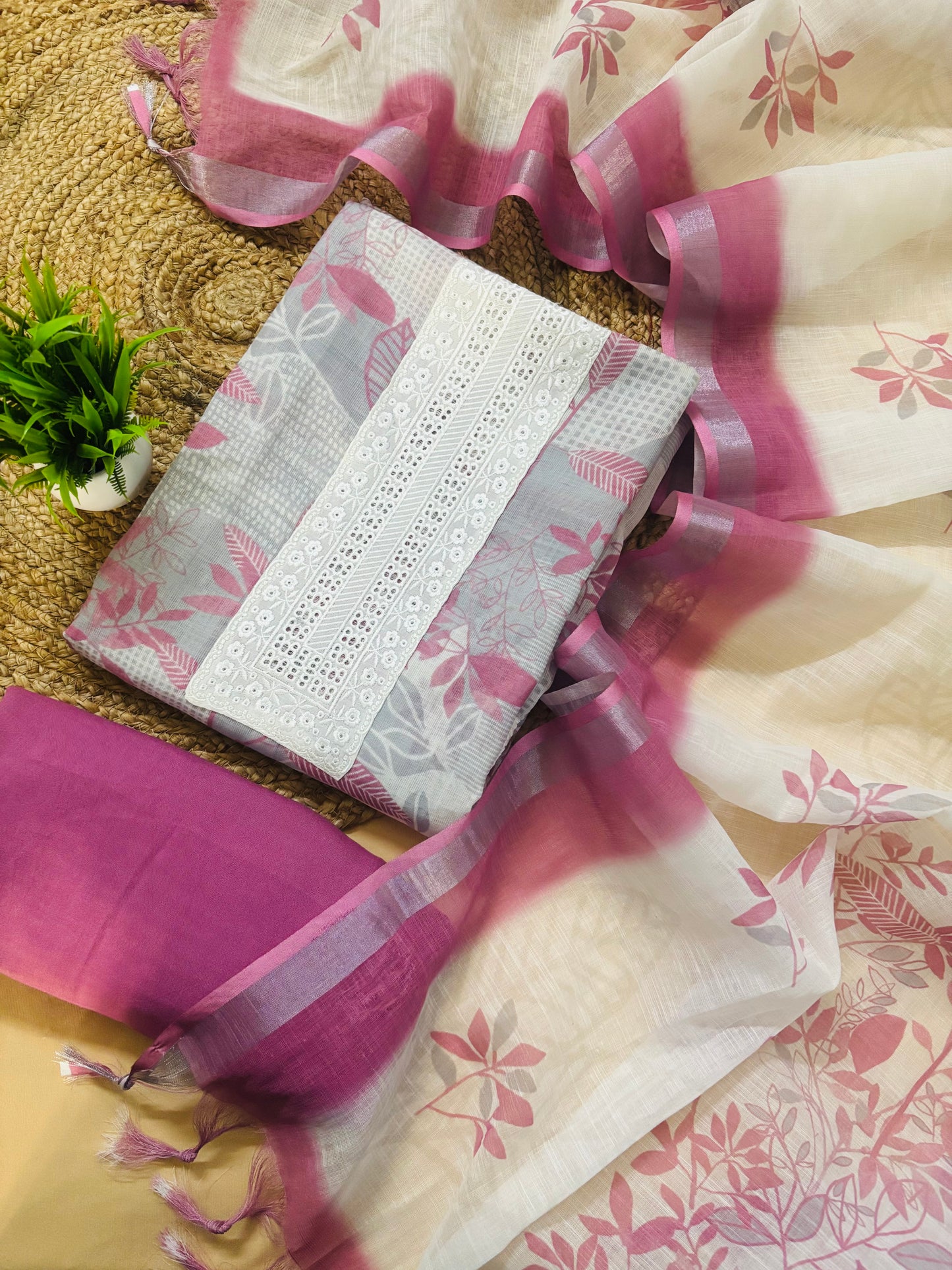 Onion pink floral Pure Linen Suit Set